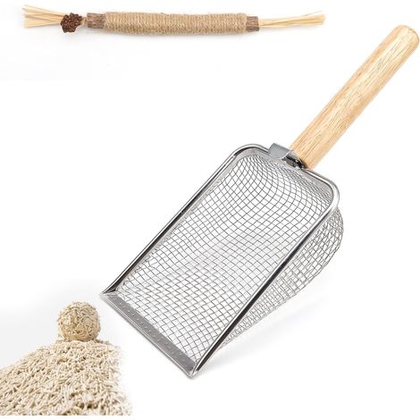 Pelle inox 6 mailles + jouet chat, manche bois, design multifonction