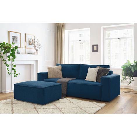 BOBOCHIC - Canapé droit convertible coffre NIHAD velours côtelé avec pouf Bleu foncé (1/5)