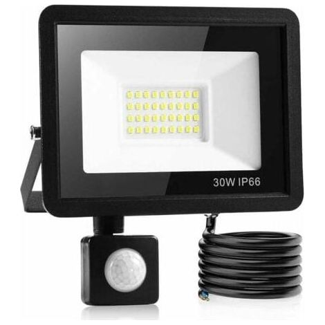 Projecteur LED extérieur 30 W avec détecteur de mouvement, étanche IP66, lumière blanche froide, idéal pour les garages, jardins, terrasses, etc. [Classe énergétique A+] (1/5)