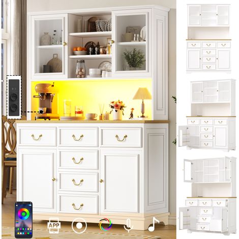 Armoire cuisine haute USB prises électriques buffet LED rangement portes étagères poubelle intégrée blanc