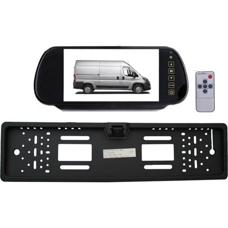 Set composto da monitor da 7" integrato nello specchietto retrovisore e telecamera di retromarcia integrata nella cornice della targa. (1/3)