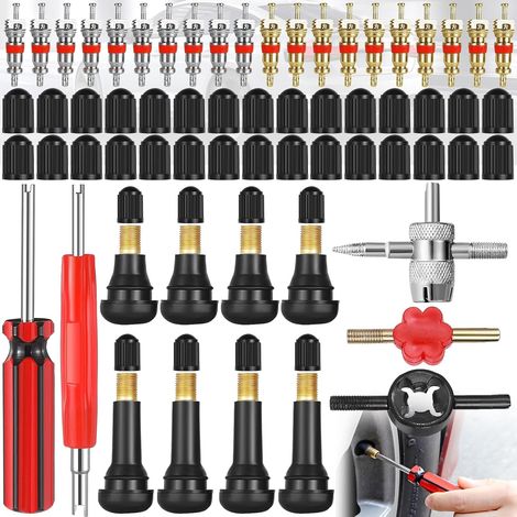 63 Pièces Kit De Réparation De Valve De Pneu De Voiture, 5 x Outil De Retrait d'Obus De Valve De Pneu, 20 x Insert De Valve De Pneu, 30 x Valve Bouchons, 8 x Valve Pneu (Tr412, Tr414) (1/5)
