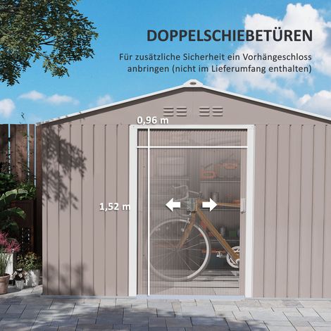 Abri de jardin en acier galvanisé 4,9m², 277x195x192cm, cabanon à double pente avec fondation, porte coulissante verrouillable, résistant aux intempéries, remise extérieure pour cour, gris clair.