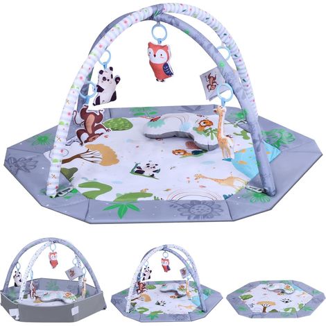Tappetino da gioco per neonati, tappetino attività con cuscino per il tummy time, 5 accessori sensoriali rimovibili, lavabile e morbido, tappetino da gioco regolabile per neonati (1/5)