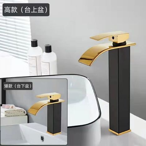 Factory direct price waterfall copper core countertop basin/washbasin/hand basin/washbasin hot and cold water faucet/bathroom faucet - black and gold flat spout - tall model