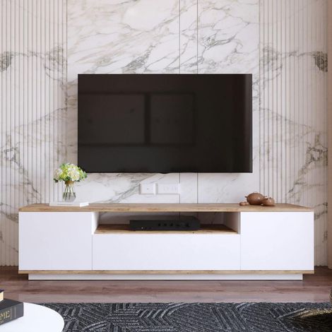 Meuble TV moderne blanc et décor bois 1 niche centrale MARFA (1/5)