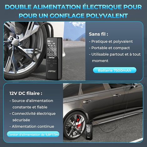 Mini Pompe à Voiture, Mini Compresseur Air portatif, 7500mAh 12V DC, Portable Gonfleur Electrique pneus Voiture sans fil, 150PSI 5 modes, LED et Arrêt auto pour les vélos, motos, balles (1/3)