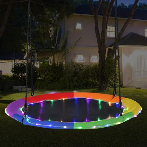 COSTWAY Columpio Redondo, Diámetro 100cm, Columpio Jardin Exterior Niños 3+ Años, Luces LED Multicolores, 2 Cuerdas Ajustables, Columpio Nido Carga 300kg (Multicolor) (1/5)