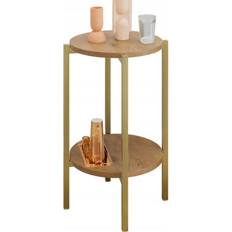 Tavolino rotondo moderno con ripiano, 35x35x62 cm, in metallo dorato. (1/5)
