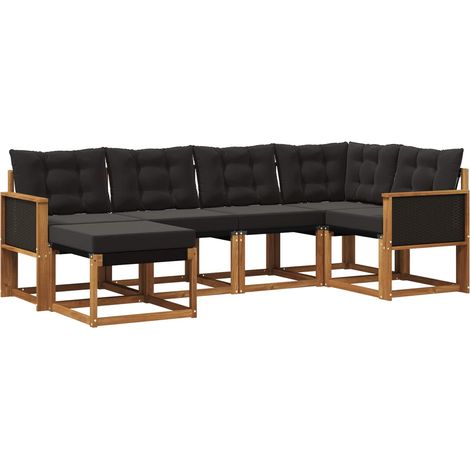 Set di divani da esterno con cuscino 6 pz Salotto da Giardino Naturale e Nero (1/5)