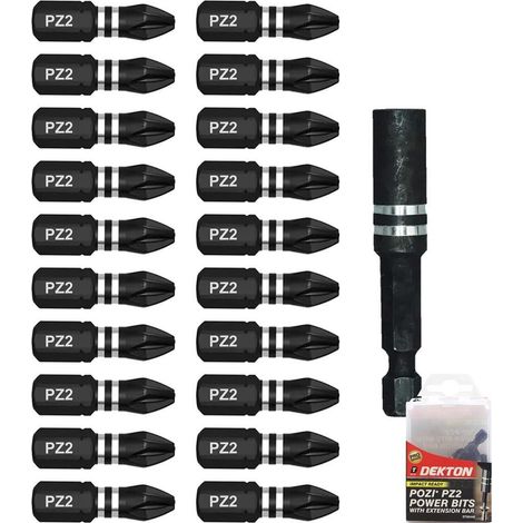 Dekton 20pc Pozi S2 Steel Impact Drill Drive Bits Extension Bar 25mm Bit PZ2