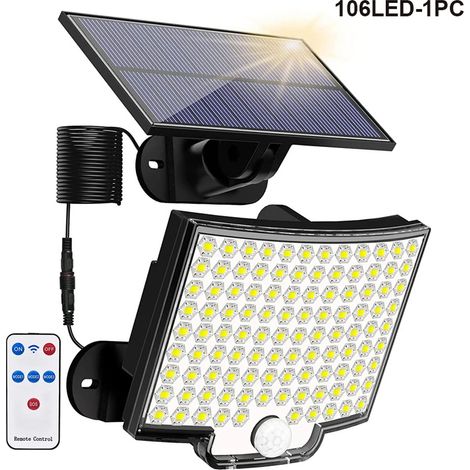 Lampe solaire 106 LED avec détecteur de mouvement extérieur, télécommande 3000LM, projecteur solaire extérieur 4 modes, projecteur solaire LED IP65 (1/5)