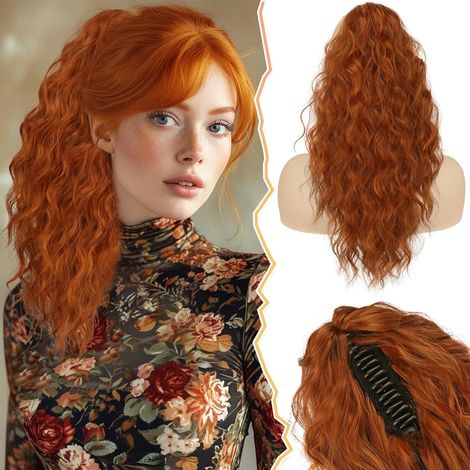 Queue de Cheval Extnsion Cuivré, 45cm Longue Bouclés Queue de Cheval Extension de Cheveux Pinces Griffes Multi Layered Synthétique Queue de Cheval Postiche pour Femmes - Gingembre Cuivré (1/5)