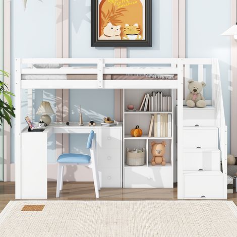Lit mezzanine 90x200 cm, sans matelas, accoudoirs, bureau, tiroirs, armoires de rangement, marchepieds escamotables, étagères multiples, blanc (1/5)