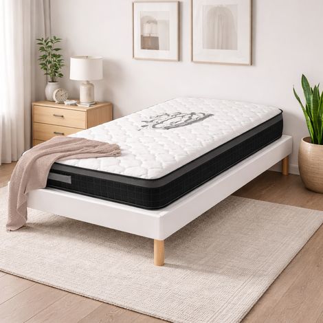 Ensemble Sommier Tapissier et Matelas 80x190 cm - Couleur : Blanc - Sommier Déhoussable avec Pieds 20 cm et Lattes Multiplis - Matelas Soutien Ferme Mousse Haute Densité - (1/5)