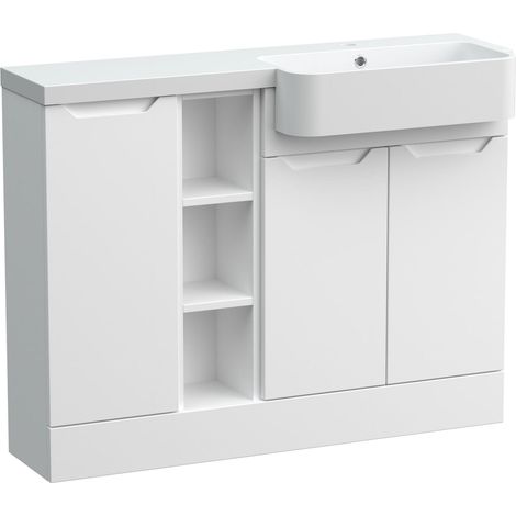 Teddesley Floor Standing Compact 3 Door Combination Vanity Basin Unit with Open Shelves and Basin, 1100mm, Right Hand, Matt White