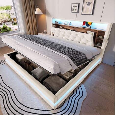 Polsterbett mit Stauraum 180x200 cm, Beige, LED, USB-C, multifunktionales Kopfteil OKMYHOME (1/5)