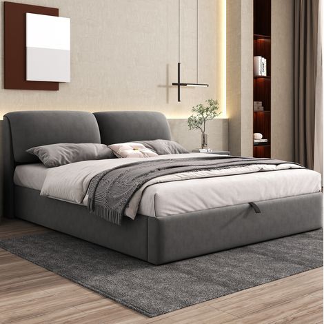 Lit coffre 160x200 avec 3 tiroirs en velours gris HAVRYA (1/5)