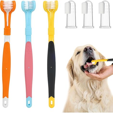 Lot de 6 Brosses à Dent pour Chien - 3 Triple Tête, 3 pour Doigts - Kit de Nettoyage Dentaire pour Petits, Moyens et Grands Animaux (1/5)