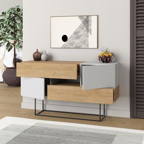 Consolle Moderna 145x40x82 cm con 2 Ante 2 Cassetti e Gambe Alte Zaffiro di Quercia e Bianco (1/4)