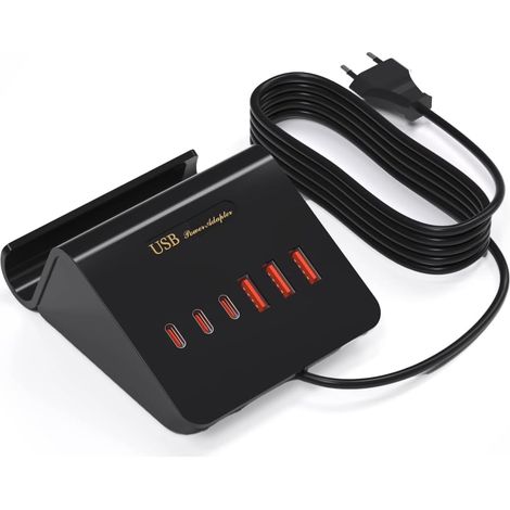 Chargeur USB C&A 6 Ports 25W,Chargeur Rapide Prise EU,Design Support Téléphone,Multiprise Multiport Compatible avec Plusieurs Appareils,Protection Sécurité&Matériau Ignifugé,Câble 1,5m Noir (1/5)