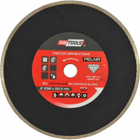 Awtools, 230x22.2 mm, disque diamanté continu, pour des coupes nettes dans la céramique, la pierre et le grès, bord plein, compatibleavec les meuleuses, usage professionnel, couleur métallique