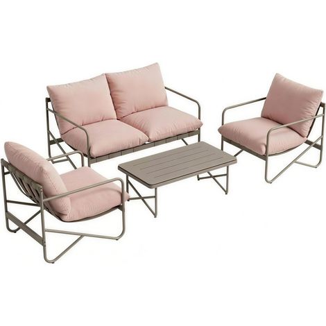 4-Personen-Gartenmöbelset: Zweisitzer-Sofa, Sessel, Tisch, Metall, Rosa