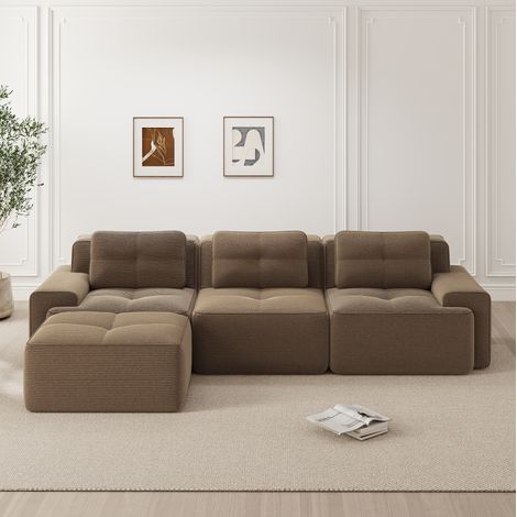 Modulares Ecksofa 3-Sitzer mit Ottoman, ohne Montage, brauner Rippstoff HAVRYA (1/5)