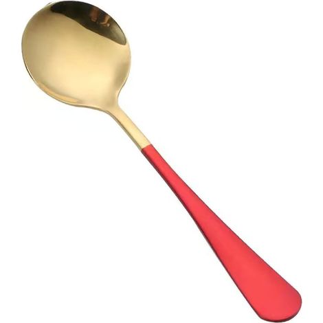 Cuillère ronde en acier inoxydable épais avec manche Long confortable pour yaourt, Pudding, crème glacée, céréales, rouge et or (1/5)