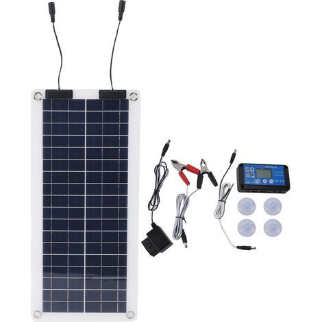 Kit pannello solare a doppia uscita da 30 W, caricabatterie OBD, regolatore MPPT blu impermeabile con clip per batteria rossa e nera per camper, auto e barca (1/5)