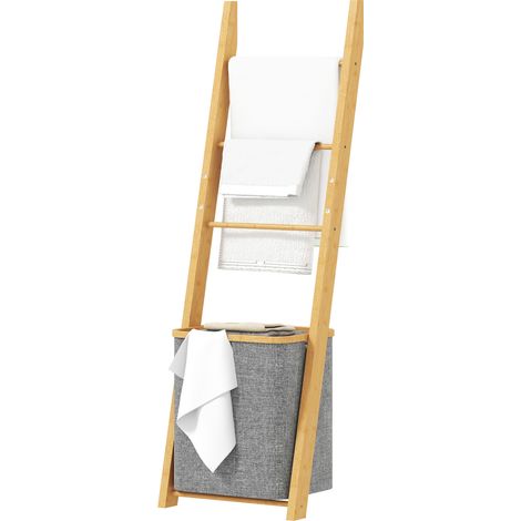 Grauer Handtuchhalter aus Bambus mit Wäschekorb, 43 x 35 x 133 cm
