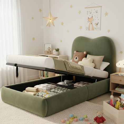 Letto contenitore 90×200 cm, Letto Singolo con Vano Contenitore, Testiera Imbottita e Struttura Integrata, senza Materasso, in Velluto, Verde (1/5)