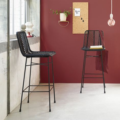 Lot de 2 tabourets de bar en rotin et métal