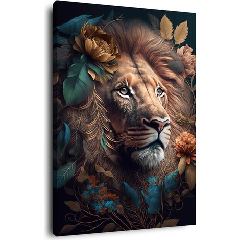 Tableau sur toile lion roi fleuri 30x45 cm - Impression sur Toile Murale Décorative - Image imprimée en HD sur Toile - Toile sur Châssis en Bois FSC - Fabriqué en France (1/5)