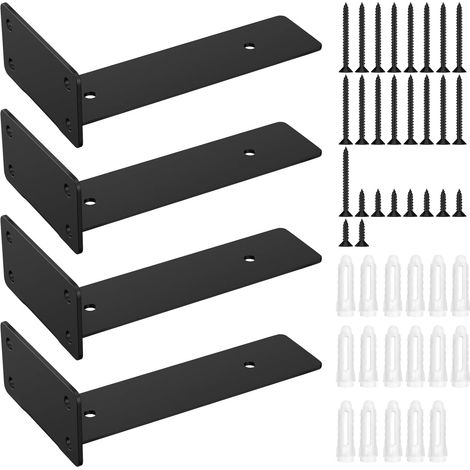 CSPARKV - Soportes de pared para estantes (4 unidades, en forma de L, invisibles, flotantes), resistentes, de metal industrial con tornillos, color negro (1/5)