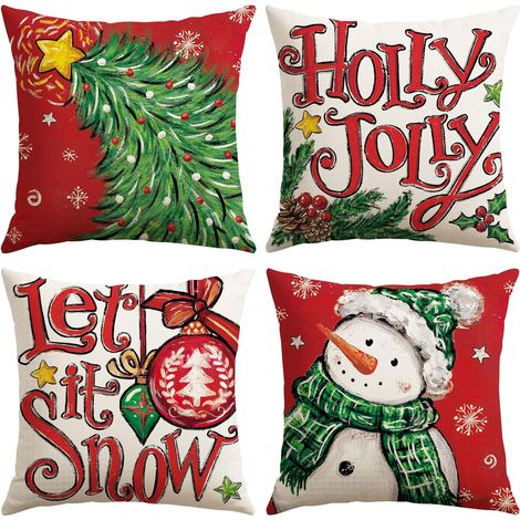 Fundas de cojín decorativas navideñas de 45x45 cm (juego de 4), diseño de árbol de Navidad, muñeco de nieve y acebo, color rojo, para sofá, cama o sillón. (1/5)