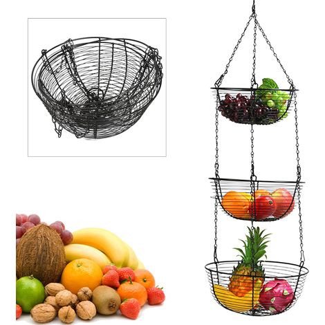 3 couches amovible fruits et légumes hangar panier, fer fruits hangar panier, panier de légumes en métal cuisine légumes pain rangement (noir)