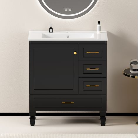 Mueble de baño con lavabo moderno negro 75 cm en MDF con lavabo cerámico, 1 puerta soft-close y 3 cajones (1/5)