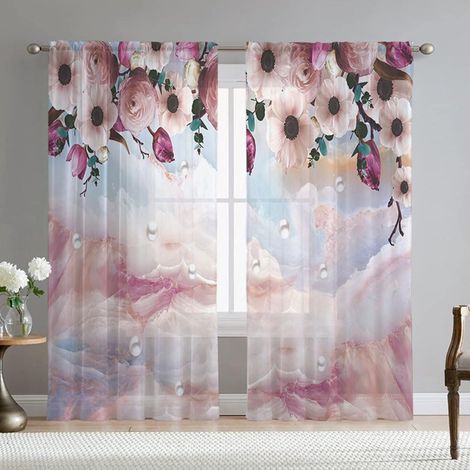 Juego de 2 cortinas transparentes con estampado floral, cortinas de voile nórdicas semitransparentes, cortinas de decoración para el hogar para dormitorio y sala de estar (132x215cm, flor rosa) (1/5)