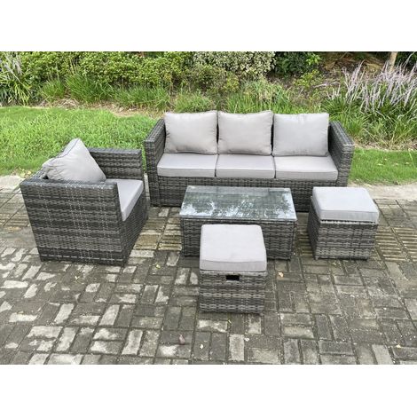 Fimous Rattan Garden Furniture Set with 3 Seater Sofa Coffee Table Armchair 2 Small Footstools Indoor Outdoor Patio Lounge Sofa Set Dark Grey Mixed (1/5)