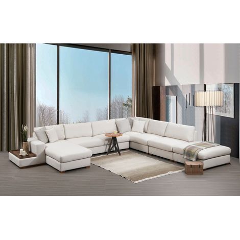 Les Tendances – Canapé panoramique 6-7 places en tissu beige clair – Étagère en bois de hêtre – Dimensions 374 x 95 x 85 cm – Confort optimal avec coussins moelleux (1/5)
