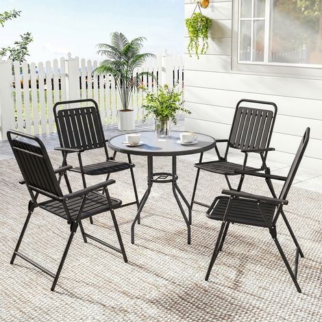 Set di 4 sedie da giardino pieghevoli per esterni con braccioli, schienale e seduta, struttura in metallo, 55x63x93 cm, nere.