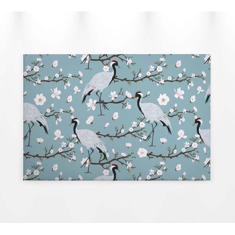 Tableau japonais oiseau & fleur de cerisier | Tableau sur toile idéal pour cuisine & chambre adulte | Tableau printemps bleu 0,9 x 0,6 m (1/5)