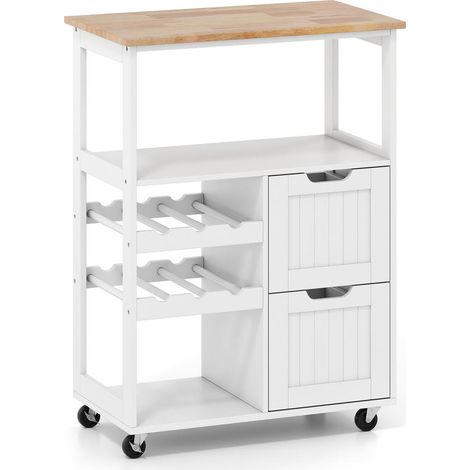Plan de travail en bois d'hévéa, îlot de cuisine roulant, 2 rangs porte-bouteilles, blanc (1/5)