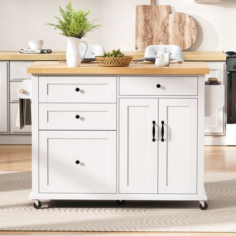 Isla de cocina móvil extensible, 107x45-70x90,5 cm, blanco y madera, MDF, FloraGrace (1/5)