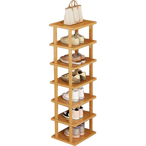 Vertikales Schuhregal mit 7 Ebenen, schmales Schuhregal aus Holz, kleiner Schuh-Organizer, platzsparendes Eckschuhregal, hoher Schuhturm, freistehendes Schuhregal für Eingangsbereich, Schrank, kein We (1/5)