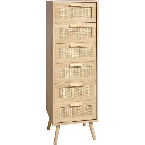 Commode en rotin pour chambre à coucher, grande commode avec 6 tiroirs décorés en rotin fait à la main pour chambre à coucher, petite table de chevet avec pieds en bois, naturel (1/5)