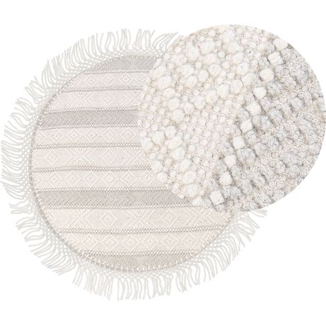 Alfombra de lana beige 140 cm poliéster a mano patrón geométrico borlas Baltalar