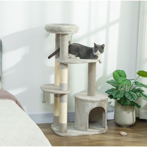 Albero per gatti 114 cm con nicchia, pali in sisal e piattaforma, grigio chiaro HAVRYA (1/4)