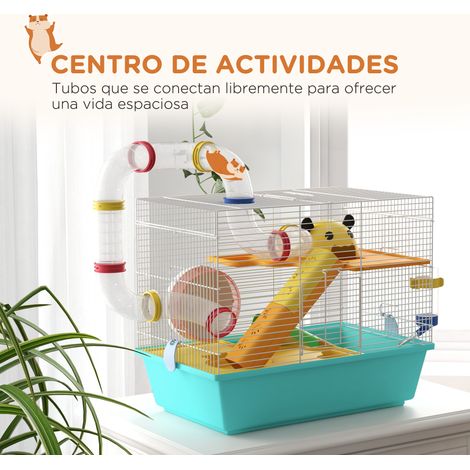 Cage pour hamster avec tunnel. plateformes. gamelle. biberon. maisonnette. rampes et roue d'exercice. 45 x 28 x 37 cm. bleu clair (1/5)